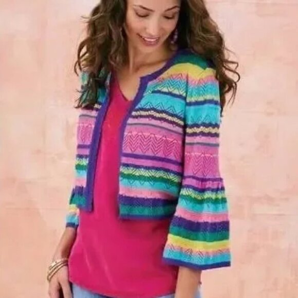 Soft Surroundings Sweaters - Soft Surroundings Cardigan Womens Medium Colorful Stripe Chevron Crochet Silk